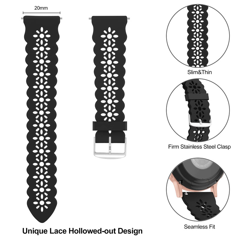  [AUSTRALIA] - Lace Silicone Band 20mm Compatible for Samsung Galaxy Watch 4 40mm 44mm/Watch 3 41mm/Active 2 Watch Bands 40mm 44mm/Watch 4 Classic 42mm 46mm,Slim Bands Soft Smartwatch Strap for Women(Black) Black