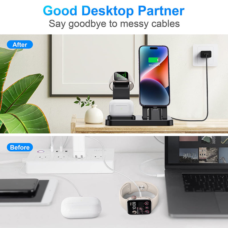  [AUSTRALIA] - AFLYDOG Fast Charging Station for Apple Devices, New Self-Centering iWatch Charger Stand for All Apple Watch, 3 in 1 Built-in Charging Stand Dock for iPhone AirPods Apple Watch(15W Adapter)