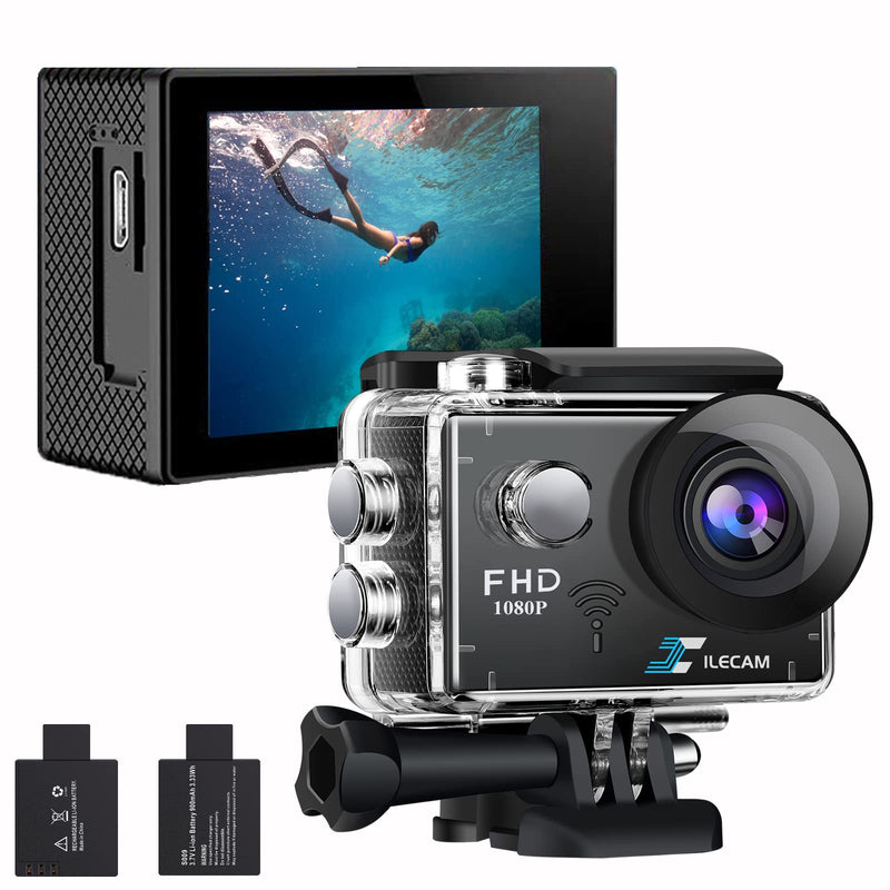  [AUSTRALIA] - Action Camera 1080P 30fps, WiFi Sports Camera HD 2.0 Inch Action Camera 40m/131ft Underwater Waterproof Snorkel surf Camera with 2 Batteries, Wide-Angle Lens andMulti-Function Accessory Bag