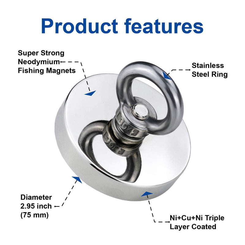  [AUSTRALIA] - DIYMAG Super Strong Neodymium Fishing Magnets, 600 lbs(272 KG) Pulling Force Rare Earth Magnet with Countersunk Hole Eyebolt Diameter 2.95 inch(75 mm) for Retrieving in River and Magnetic Fishing NJ 75MM