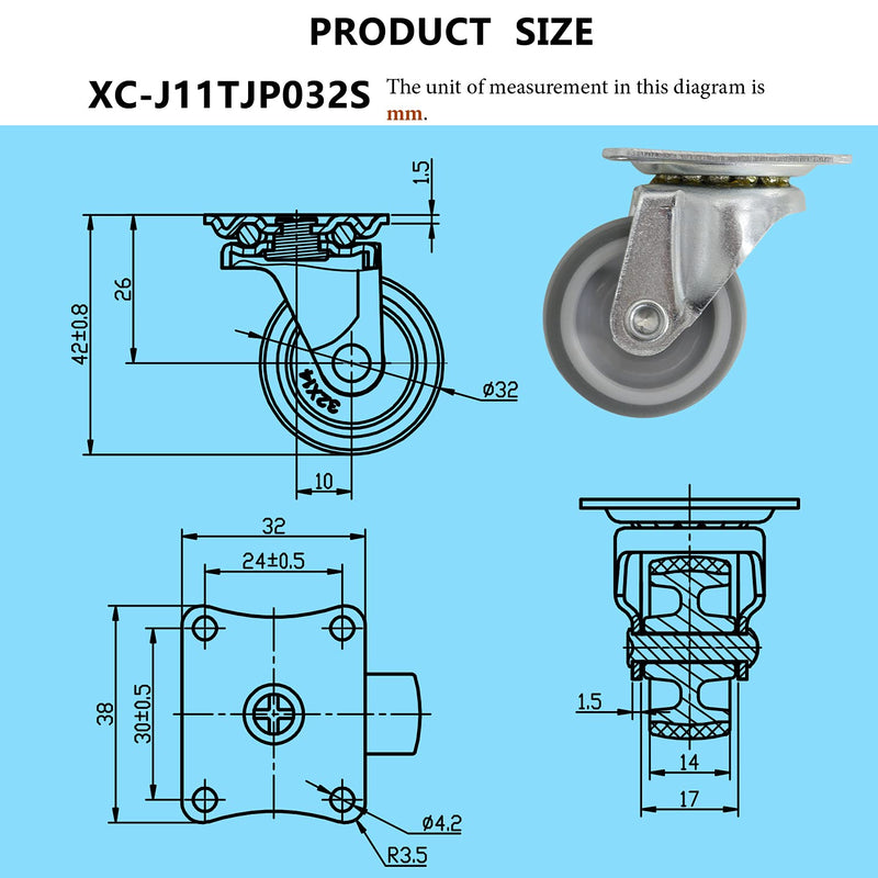  [AUSTRALIA] - Casoter 1.2"(32mm) Swivel Soft TPR Rubber Caster Wheels, Ball Bearing Top Plate & Plain Bearing Wheel Moving Silent Smooth Sturdy, 4.2mm Bolt Hole for M4 Screw, Total Load Capacity 128Lbs/58Kg 4-Pack 1.25inch