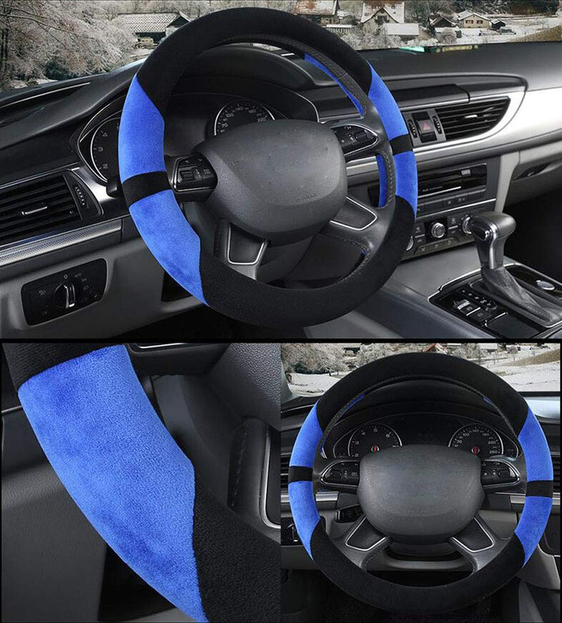  [AUSTRALIA] - Carmen Winter Short Velvet Car Steering Wheel Cover Blue Sport Stitching Comfort Snug Grip Universal 15 Inch Standard Size