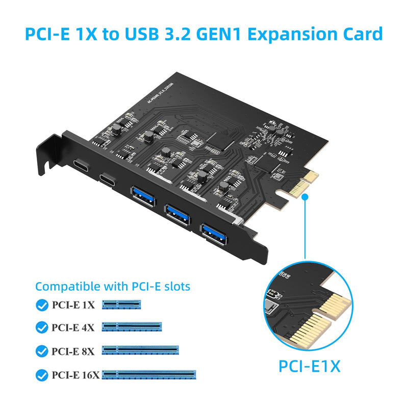  [AUSTRALIA] - BEYIMEI PCIE 1X to USB 3.2 Gen1 Card,5 Ports USB (2-Port USB C - 3-Port USB A) Expansion Card,5Gbps PC Card Internal USB Port Cards for Windows 10/8/7/Chrome OS/Linux and Mac OS 10.8.2 and Above 2-Port USB-C + 3-Port USB-A