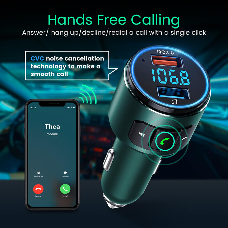  [AUSTRALIA] - Octeso Upgraded V5.0 FM Bluetooth Transmitter Car, QC3.0 & LED Backlit Wireless Bluetooth FM Radio Adapter Music Player/Car Kit with Hands-Free Calls, Siri Google Assistant-Green Green