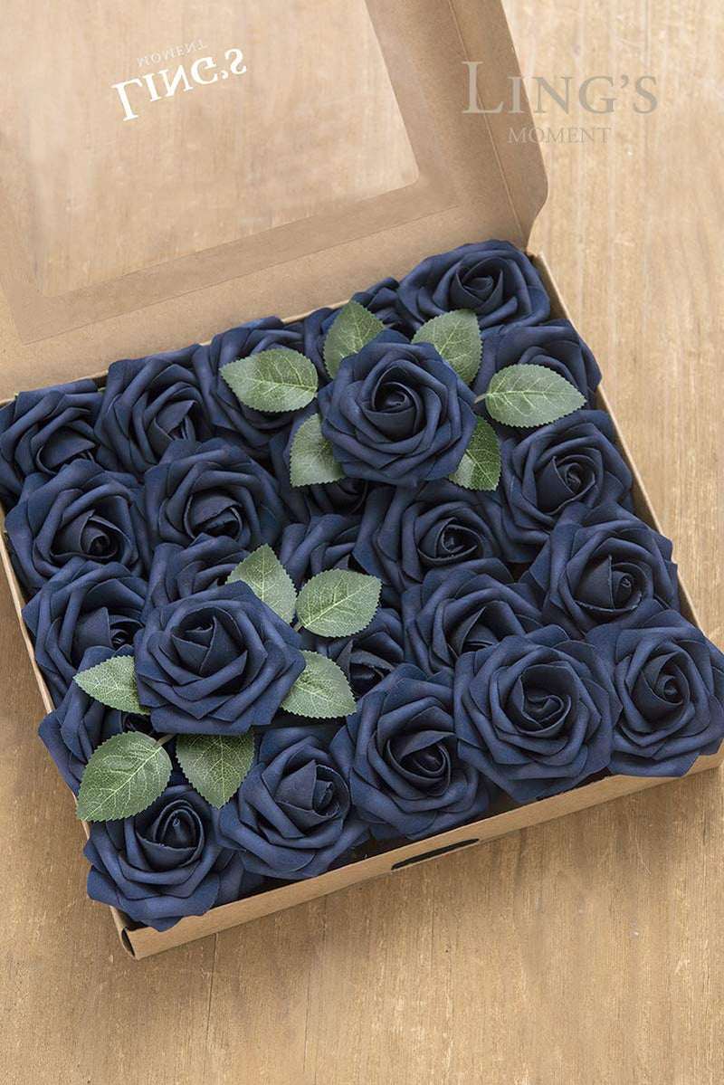  [AUSTRALIA] - Ling's moment Rose Artificial Flowers 25pcs Realistic Fake Roses w/Stem for DIY Wedding Bouquets Centerpieces Bridal Shower Party Home Decorations (Navy Blue, 25pcs Regular 3") Regular 3" (25pcs) Navy Blue