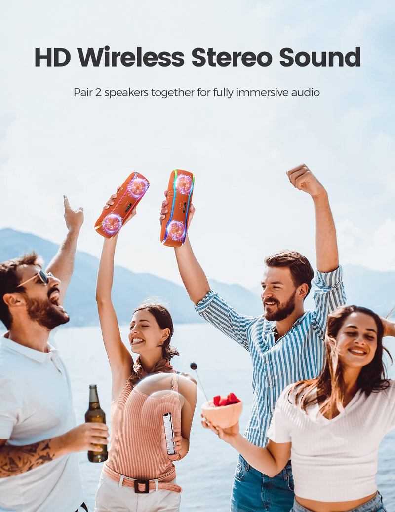  [AUSTRALIA] - ERKEISEHN Bluetooth Speaker, IPX7 Waterproof Wireless Speaker with Colorful Flashing Light, 25W Super Bass with 24H Playtime, 100ft Bluetooth Range, TWS Pairing for Outdoor, Home, Party, Beach, Travel Orange