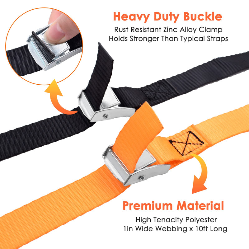  [AUSTRALIA] - Acelane Lashing Straps 10' x 1'' Cam Buckle Tie Down Straps Heavy Duty Up to 800lbs for Cargo, Luggage, Bicycles, Motorcycles, Kayaks, Surfboards, Furniture & Moving Appliances (4PCS, Black & Orange)