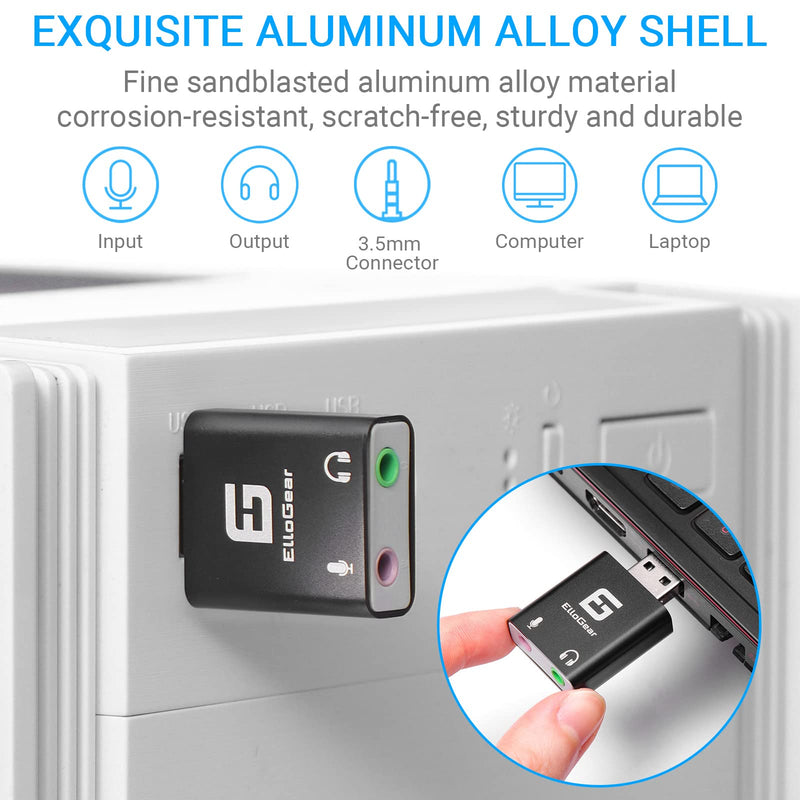  [AUSTRALIA] - ElloGear USB Audio Adapter with 2 3.5mm Input and Output Jacks, Add an External Stereo Sound Card to PC, Mac with Speaker and Microphone Jack