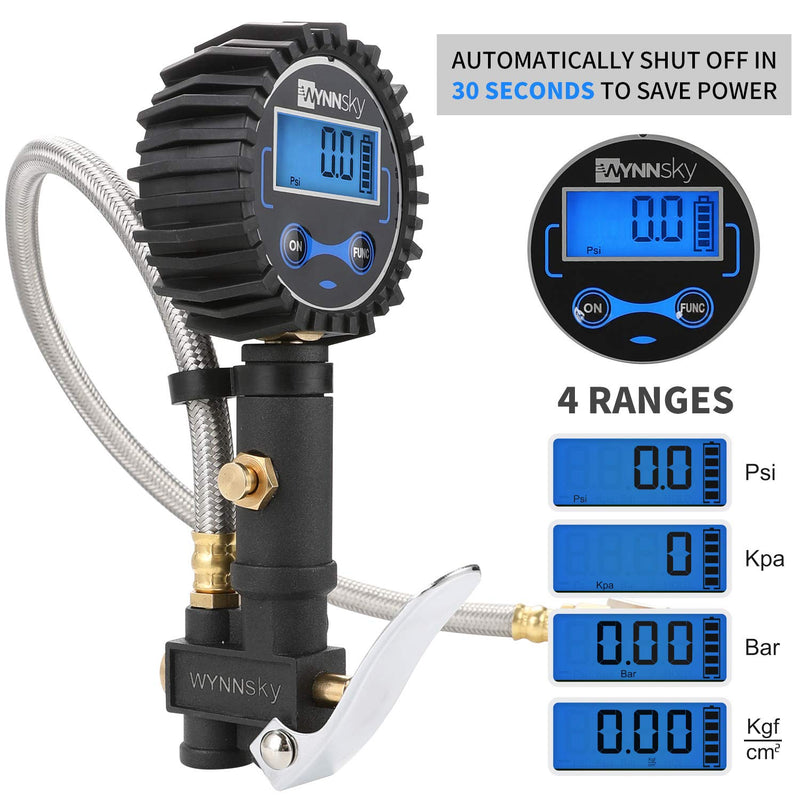  [AUSTRALIA] - WYNNsky Digital Tire Pressure Gauge 200 PSI and Compressor Accessories Heavy Duty Inflator with Stainless Steel Braided Hose, Dual Head Air Chuck and Quick Connect Coupler, Easy Read Glow Dial