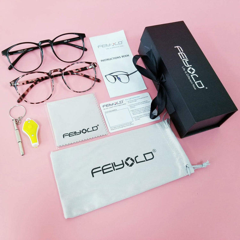  [AUSTRALIA] - FEIYOLD Blue Light Blocking Glasses Women/Men,Retro Round Anti Eyestrain Computer Gaming Glasses(2Pack) Black+leopard