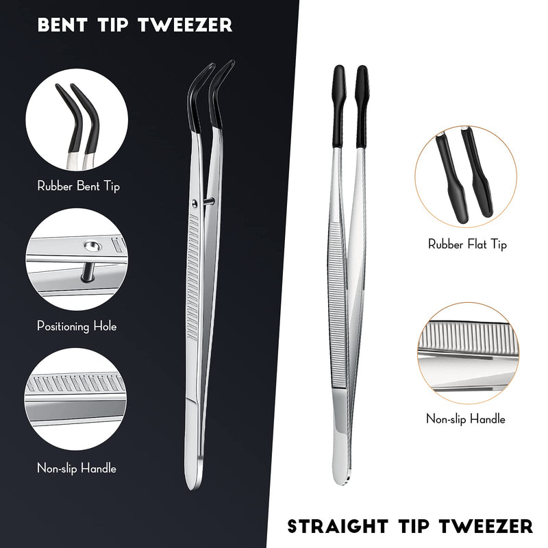  [AUSTRALIA] - 2 Pieces Tweezers with Rubber Tips Set PVC Rubber Coated Tips Bent and Straight Flat Tip Tweezers Stamp Coins Jewelry Hobby Crafts Industrial Electronic Tweezers Tools (Silver, Black) Silver, Black