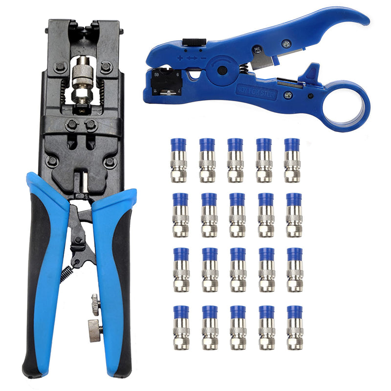  [AUSTRALIA] - TLS.eagle Coax Cable Crimping Kit Adjustable Tool Set Coaxial Cable Crimping Tool for RG59 RG6 F BNC RCA with 20 PCS F Compression Connectors Blue