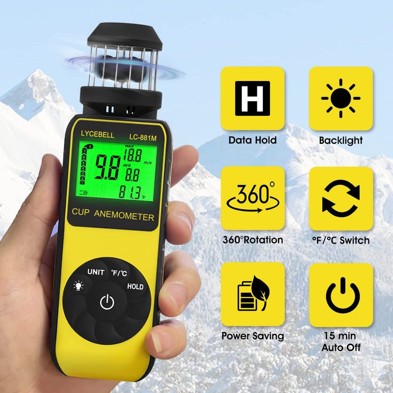  [AUSTRALIA] - Anemometer Handheld LC-881M Portable Anemometer Wind Speed Meter Measures Wind Speed/Temperature with Compass, 360° Wind Direction Wind Cup Anemometer