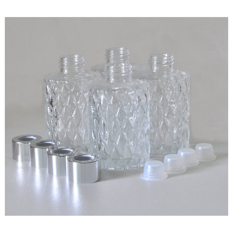  [AUSTRALIA] - Ougual Set of 4 Diamond Carving Cylindrical Glass Essential Oils Diffuser Bottles (120ML, Silver Caps) 120ML Silver Cap
