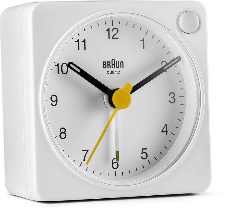  [AUSTRALIA] - Braun Classic Travel Analogue Clock with Snooze and Light, Compact Size, Quiet Quartz Movement, Crescendo Beep Alarm in White, Model BC02XW, One