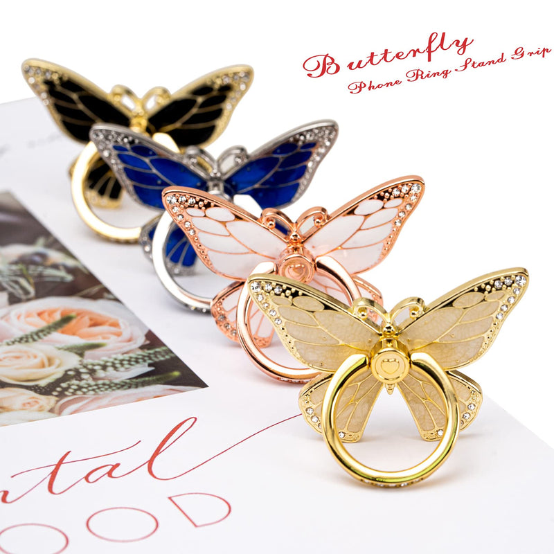  [AUSTRALIA] - Butterfly Cell Phone Ring Holder, 360°Rotation Phone Ring Grip, Compatible with iPhone, Samsung Galaxy, LG Google Pixel, iPad, Rhinestones and Enamel (Rose Gold and White)