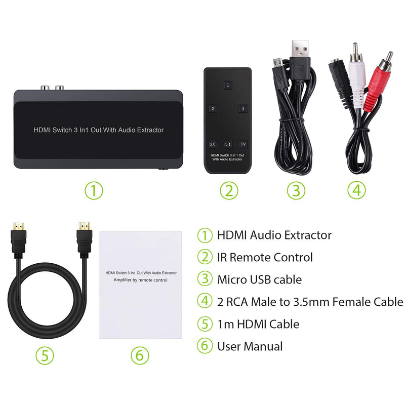  [AUSTRALIA] - LiNKFOR 4K@60hz HDMI Switch 3 in 1 Out 3 Ports HDMI Switch HDMI Audio Extractor with IR Remote Support HDMI to Toslink SPDIF Coaxial RCA Audio Out HDMI 2.0b HDCP 2.2 3D for fire Stick PS3 PS4