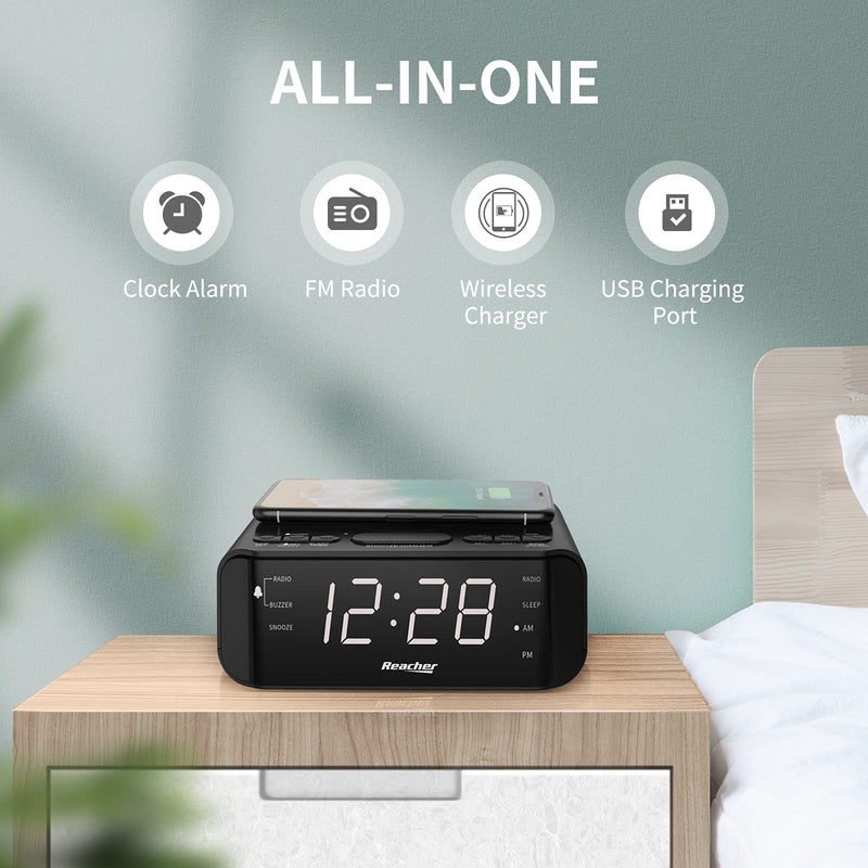  [AUSTRALIA] - REACHER Digital Alarm Clock Radio with Wireless Charging & USB Charger, Large Dimmable LED Display for Bedroom, FM Radio with Sleep Timer, 2 Wake Up Sounds, Adjustable Volume, Compact Size (Black)