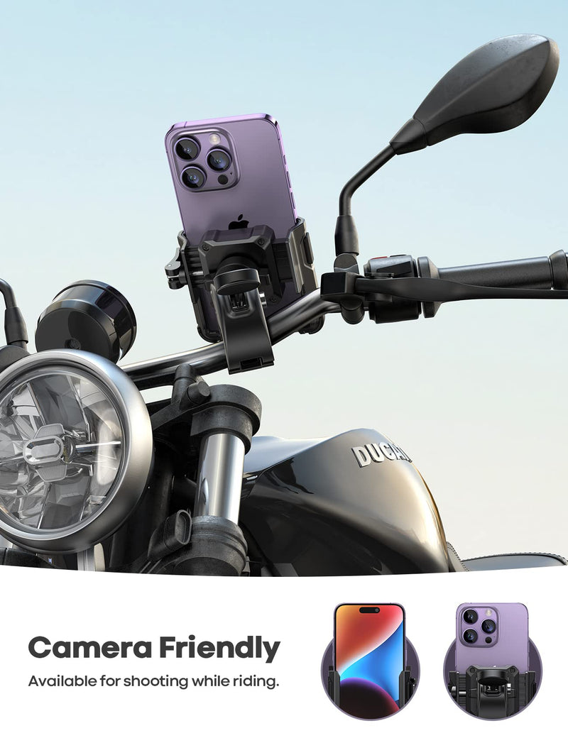  [AUSTRALIA] - Lamicall Motorcycle Phone Mount Holder - [Camera Friendly] [1s Lock] 2023 Bike Phone Holder Handlebar Clamp, Bicycle Scooter Phone Clip, for iPhone 14 Pro Max, 13 12 Mini, 2.4~3.54" Wide Phones, Black