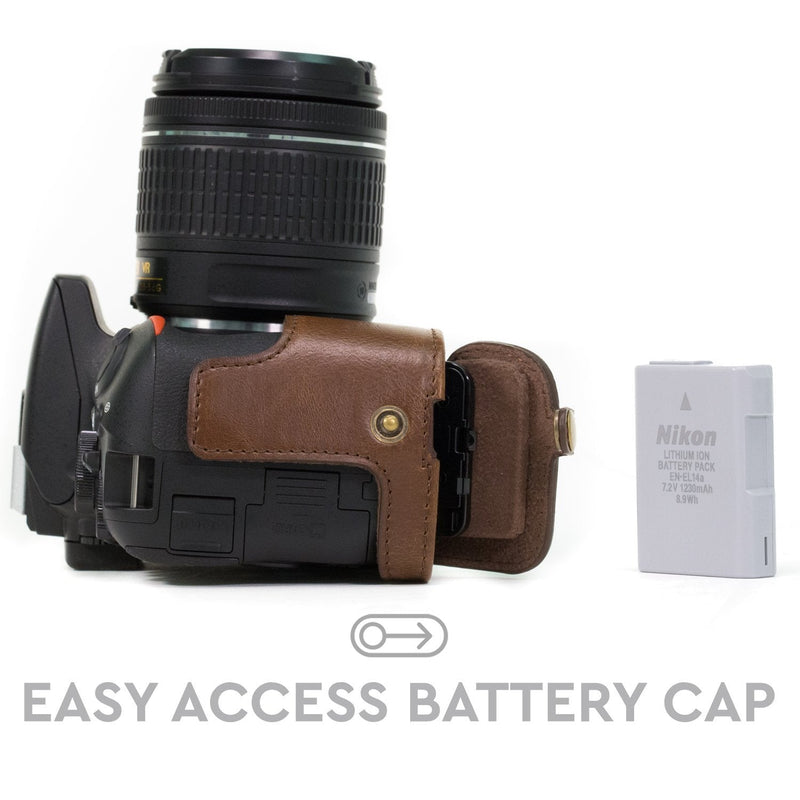  [AUSTRALIA] - MegaGear Nikon D5600, D5500 Ever Ready Leather Camera Half Case and Strap, with Battery Access - Dark Brown - MG1171