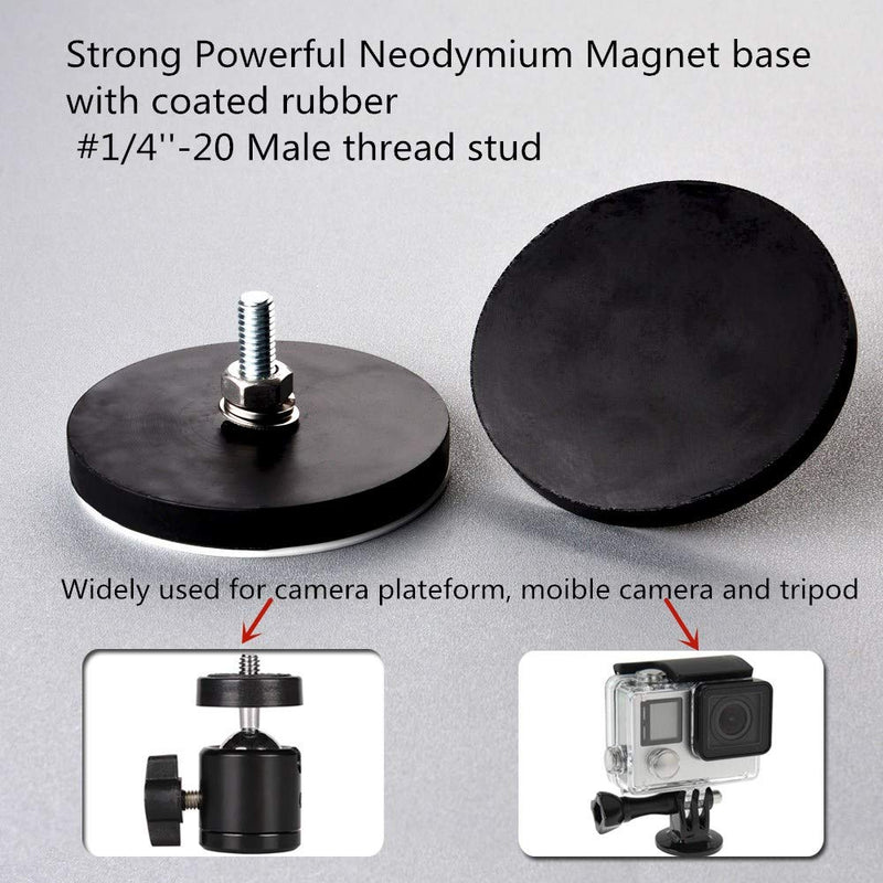 MUTUACTOR 2pack Neodymium Magnetic Base Rubber Coated 1/4"-20 Male Threaded Stud Pot Magnetic Fasteners, 55lbs Vertical Pull-Force Magnet Mount Assembly for Camera Pan Heads Security Light etc D66mm Pull-force 55lb - LeoForward Australia