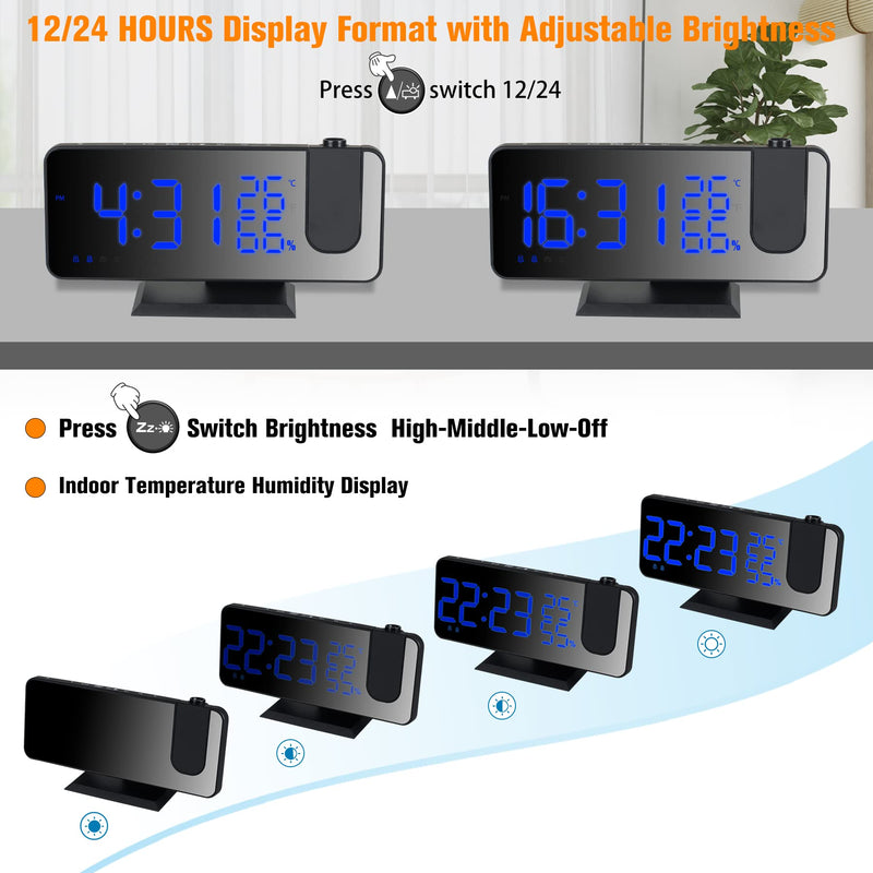  [AUSTRALIA] - ADZERD Projector Alarm Clock, Digital Dual Alarm Clocks with Projection On Ceiling for Bedroom Heavy Sleepers, FM Radio W/ Sleep Timer, Snooze, Thermometer Temperature, USB Port, Battery Backup Blue