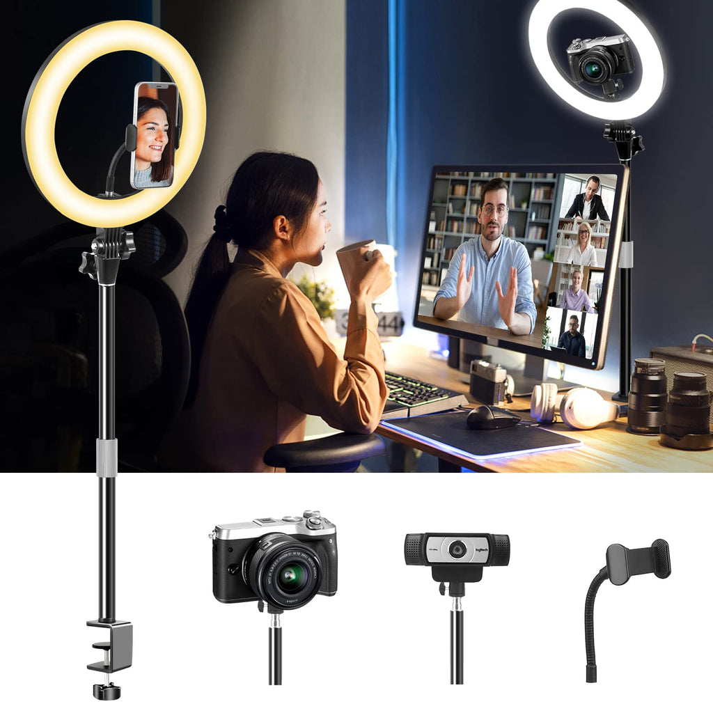  [AUSTRALIA] - 10'' Computer Streaming Ring Light with Desk Mount Stand for Video Conferencing Recording/Zoom Meeting/Calls/Makeup-LED Desktop Circle Lighting with Clamp Stand&Phone Holder for Phone/Webcam/Camera 10in-Black