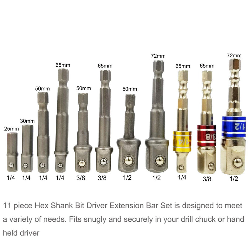  [AUSTRALIA] - Tonmp 11 Pieces Socket Adapter Impact Set Hex Shank Square Nut Driver Power Drill Bit to 1/4" 3/8" 1/2" Extension Socket Adapter Set for Cordless Drill