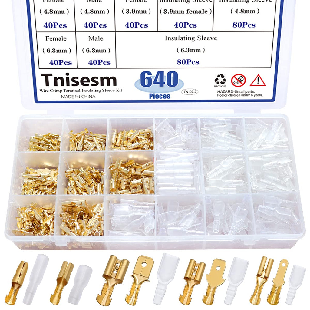  [AUSTRALIA] - Tnisesm 640Pcs 2.8/4.8/6.3mm Male and Female Spade Connector & Bullet Connectors Terminals Wire Crimp Terminal with Insulating Sleeve Assortment Kit for Car Audio Speaker Electrical Wiring TN-02-2 Spade & Bullet terminal