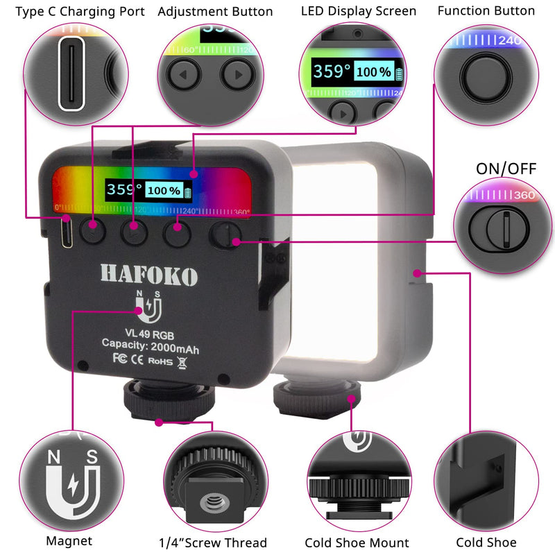  [AUSTRALIA] - HAFOKO VL49 Mini RGB Light on Camera Video Light Led Photography Color Vlog Lighting Dimmable w 3 Cold Shoe 1/4" Magnetic LCD Display 2000mAh 2500K-9000K Compatible with Smartphone Camera Vlogger