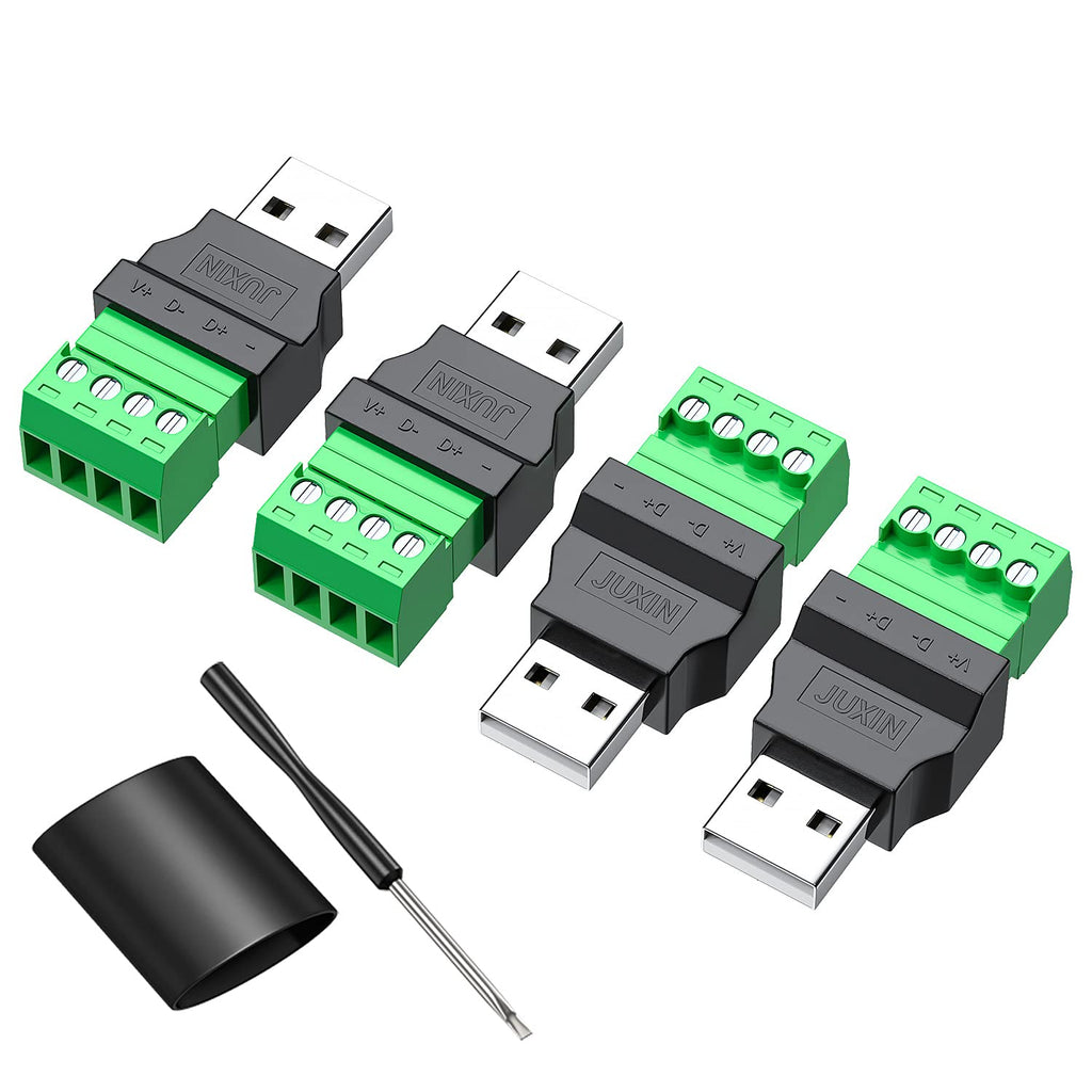  [AUSTRALIA] - 4Pack USB Solderless Adapter Connectors, USB 2.0 A Screw Terminal Block Adapter Connector Converter DIY USB2.0 A Male Adapter Connector USB Breakout Board with Black Heat Shrink tubing 4PCS Male