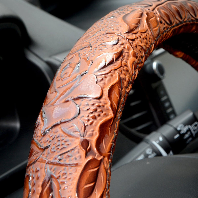  [AUSTRALIA] - ZYHW Car Steering Wheel Cover Universal 15 inch Auto Antislip Leather Protector Flower Grain Brown Brown style