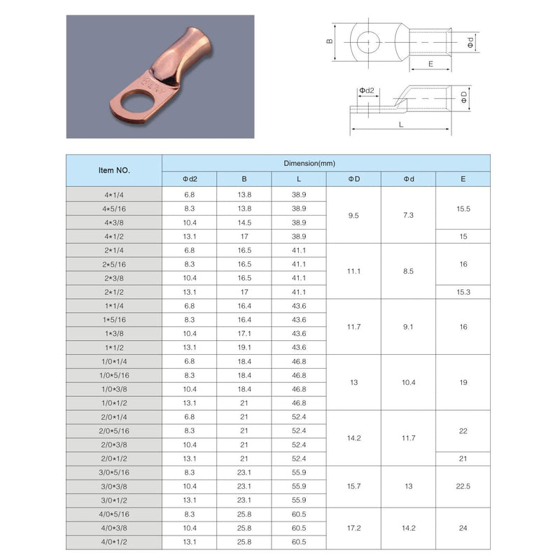  [AUSTRALIA] - 8 Pcs 1/0 AWG x 3/8 Copper Battery Cable Lugs, Heavy Duty Ring Terminals Connectors, UL Listed Bare Eyelets Tubular Ring Battery Lugs for 1/0 Gauge Wire - Battery Cable Ends 1/0 Gauge 3/8