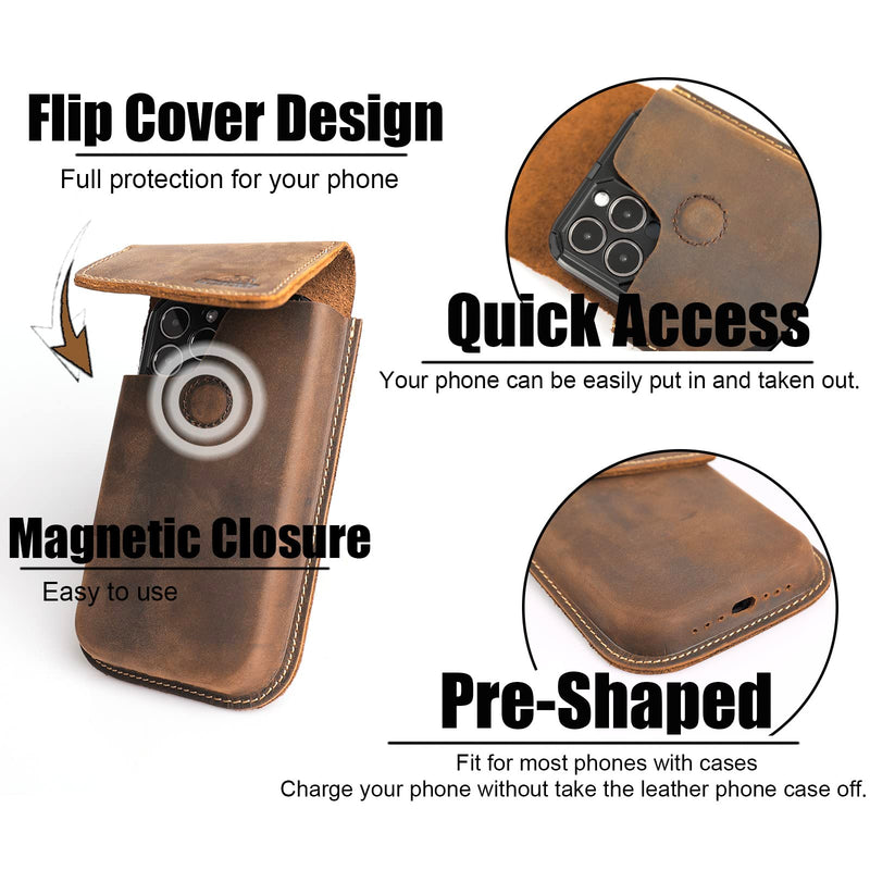  [AUSTRALIA] - Topstache Leather Phone Holster,Samsung S22 Plus Belt Holder, iPhone 13 Pro Max Case for Belt,Universal Phone Pouch with Belt Clip for iPhone 14 Pro Max, Flip Cellphone Cases Darkbrown