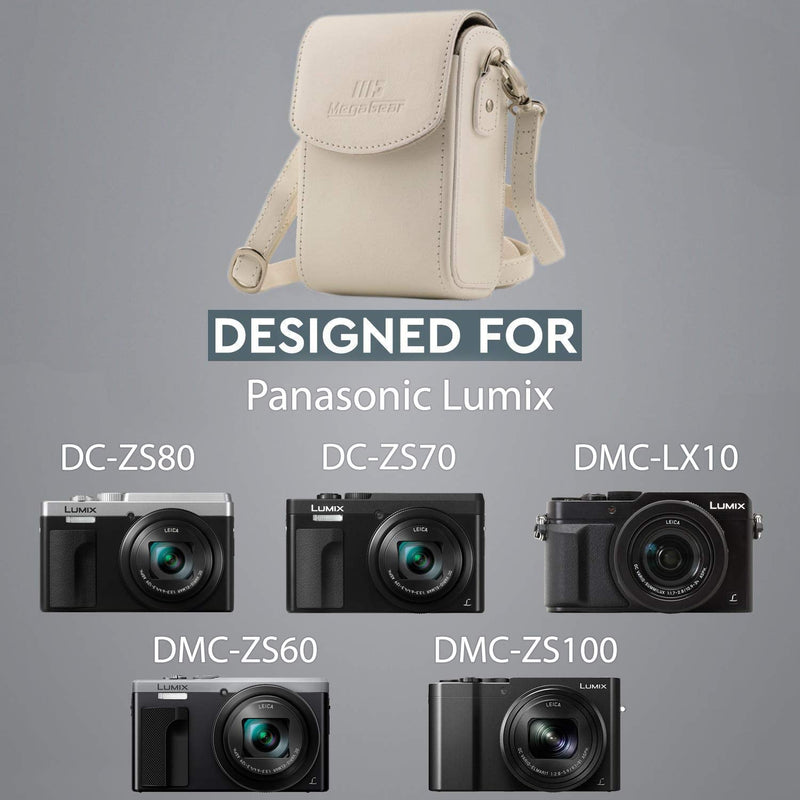  [AUSTRALIA] - MegaGear Leather Camera Case with Strap compatible with Panasonic Lumix DC-ZS80, DC-ZS70, DMC-LX10, DMC-ZS60, DMC-ZS100 White