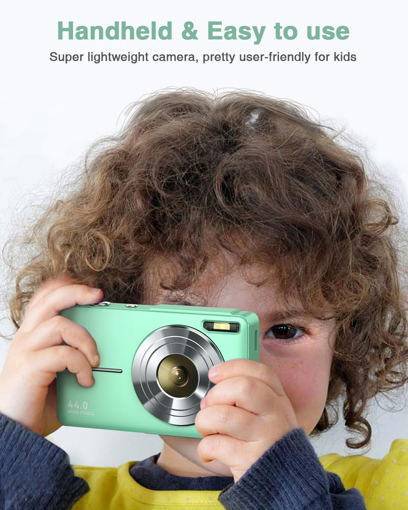  [AUSTRALIA] - Digital Camera, FHD 1080P Kids Camera with 32GB Card, 2 Batteries, Lanyard, 16X Zoom Anti Shake, 44MP Compact Portable Small Point and Shoot Cameras Gift for Kids Student Teens Girl Boy(Apple Green) Apple Green