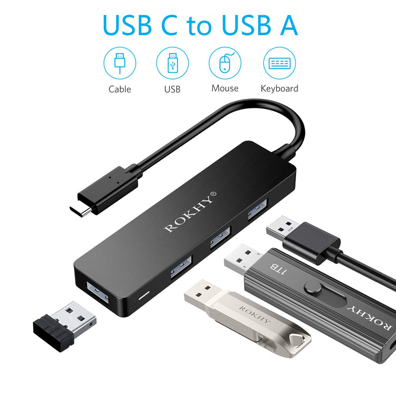 ROKHY USB C Hub 4-Port USB 3.0 Hub Ultra-Slim Data USB Hub for MacBook, iPad Pro, Laptop, Android Smartphones 4 in 1 Black - LeoForward Australia