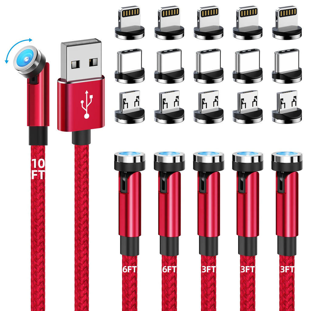  [AUSTRALIA] - Magnetic Charging Cable, 540° Rotating Magnetic Phone Charger [6-Pack, 3ft/3ft/3ft/6ft/6ft/10ft] 3 in 1 Magnetic Charger Cable Nylon Braided Magnetic USB Cable for iPhone/Micro USB/Type C Device-Red Red