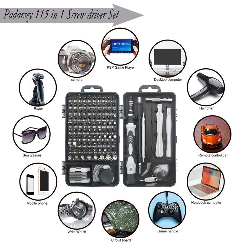  [AUSTRALIA] - Padarsey Precision Screwdriver Set 115 in 1 Repair Tools Kit with Magnetic Driver Kit,Electronics Precision Screwdriver Set with Portable Bag for Repair Computer, Cell Phone, PC, iPhone,Lap Black