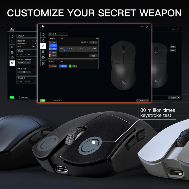  [AUSTRALIA] - Darmoshark M3 Wireless Gaming Mouse,Tri-Mode 2.4G/USB-C/Bluetooth Mouse Up to 26000DPI,PAW3395 optical sensor Lightweight 58g,8 programmable button 500MAh Battery Life,Computer Mouse for Laptop,PC,Mac TTC gold switches black