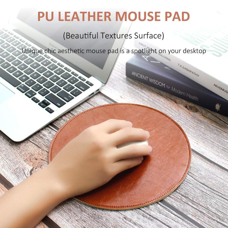 ProElife Premium Mouse Pad Mat Round PU Leather Mousepad for Home Office, for Magic Mouse/Surface Mouse and Wired/Wireless Bluetooth Mouse (Brown), Noiseless/Durable/Waterproof Surface PU leather-Brown - LeoForward Australia