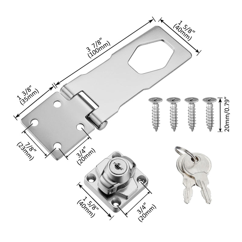  [AUSTRALIA] - 2 Pack 4 Inch Keyed Hasp Locks Twist Knob Keyed Different Locking Hasp for Small Doors, Stainless Steel Chrome Plated Hasp Lock Catch Latch Silver
