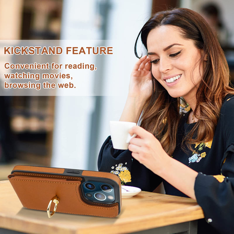  [AUSTRALIA] - Folosu Compatible with iPhone 13 Pro Case Wallet with Card Holder, 360°Rotation Finger Ring Holder Kickstand Protective RFID Blocking PU Leather Double Buttons Flip Shockproof Cover 6.1 Inch Brown