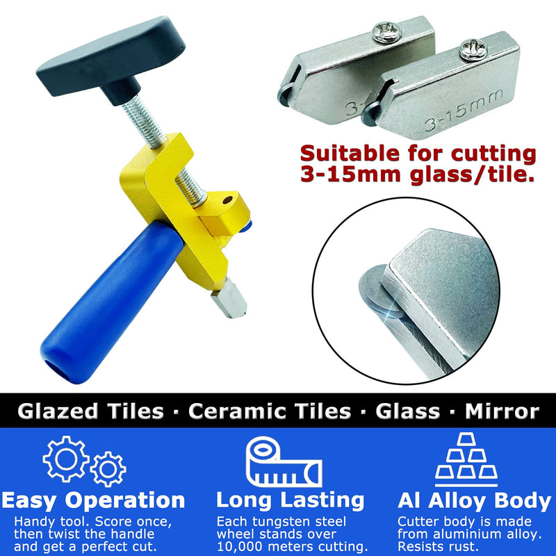  [AUSTRALIA] - Glass Cutter Hand Tool, Manual Tile Cutter, 2 in 1 Glass Cutting Tool with Glass Breaking Pliers, DIY Tool Kit, 3 Tungsten Steel Blades, 4 Tips, 1 Screwdriver, Golden 2 in 1 tile&glass cutter golden