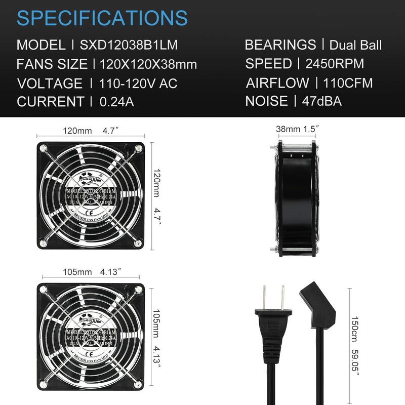  [AUSTRALIA] - SXDOOL AXIAL Cooling Fan 12cm, AC 115V 120V 120mm x 38mm High Speed CFM with Switch Power Cord, for DIY Ventilation Exhaust Projects