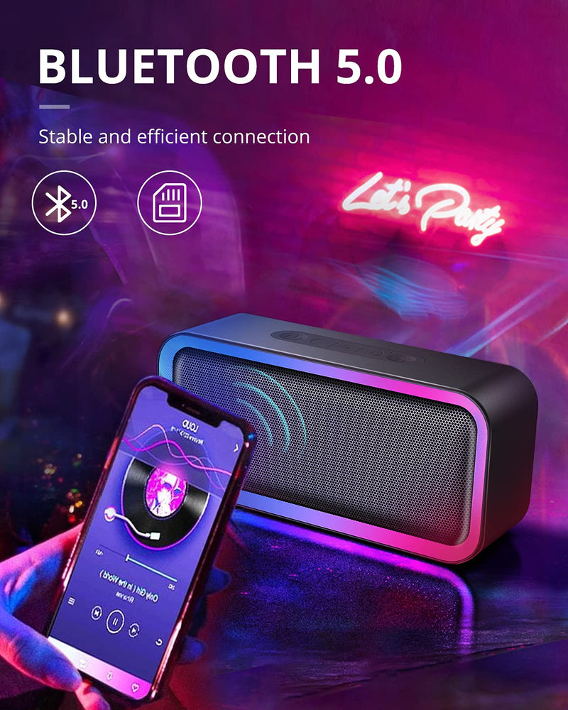  [AUSTRALIA] - Kunodi Bluetooth Speaker, Bluetooth 5.0 Wireless Portable Speaker with 10W Stereo Sound, Party Speakers with Ambient RGB Light,18-Hour Playtime,IPX5 Waterproof Speakers for Outdoors, Travel（Black Black