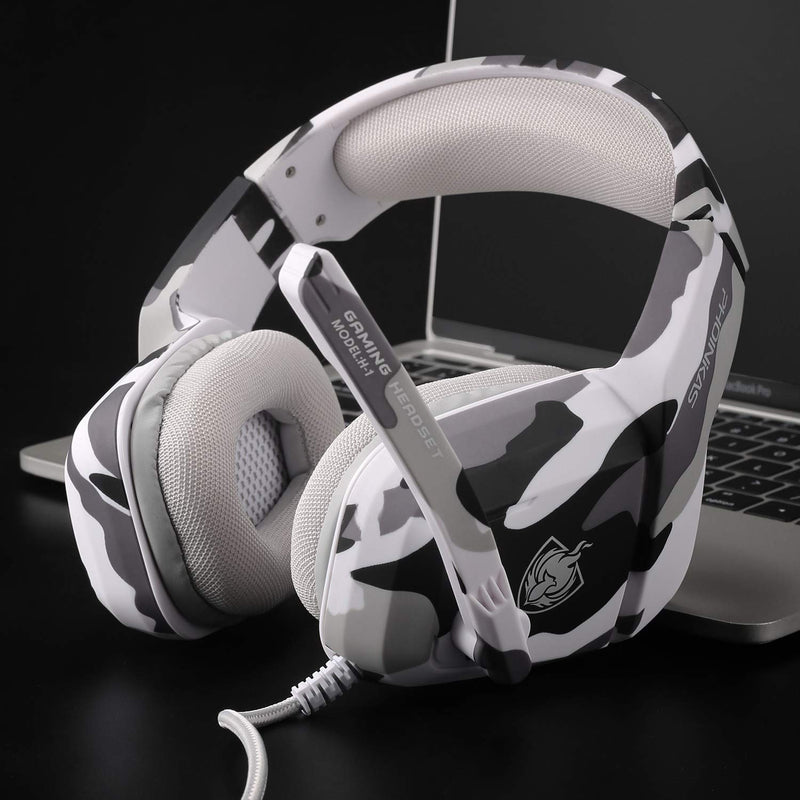  [AUSTRALIA] - Gaming Headset for PS4, Xbox One, PC, Laptop, Mac, Nintendo Switch, PHOINIKAS 3.5MM PS4 Headset with Mic, Over Ear Headset, Noise-Cancelling Headset, Bass Surround, LED Light, Comfort Earmuff - Camo 5.1 Surround White Camo