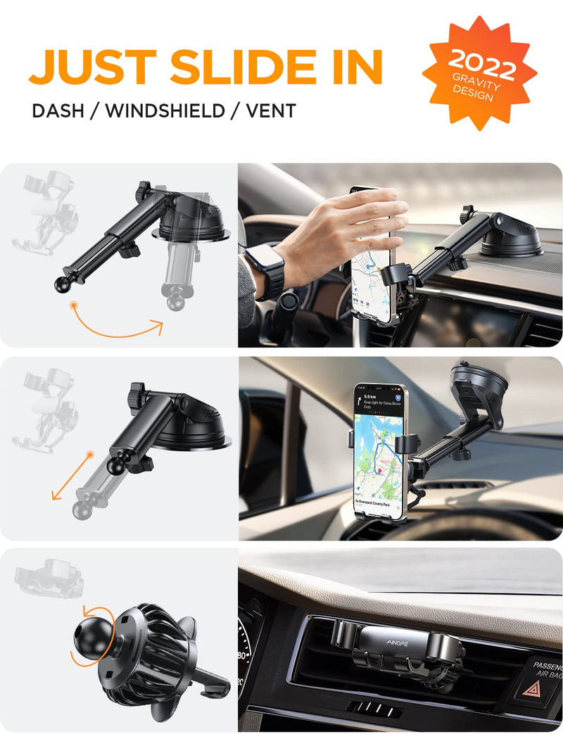  [AUSTRALIA] - AINOPE Phone Mount for Car 2022 Upgrade 3-1 Gravity Car Phone Holder Mount for Car Dashboard Windshield Air Vent Cell Phone Holder Car Mount Compatible with iPhone 14 13 12 11 Pro Max & All Phones