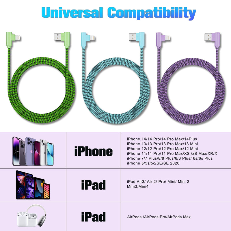  [AUSTRALIA] - iPhone Charger 10FT Lightning Cable [Apple MFi Certified] 3 Pack 90 Degree Fast iPhone Charging Cables Cord Compatible with iPhone 14/13/12/11 Pro MAX/XR/XS/8/7/Plus/6S/SE/iPad (10 Feet) multicolor-10ft