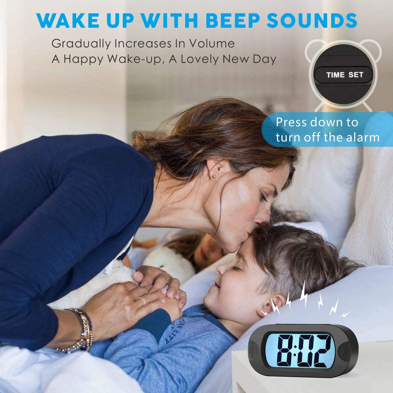  [AUSTRALIA] - Kids Alarm Clock - Plumeet Large Digital LCD Travel Alarm Clocks with Snooze and Night Light - Ascending Sound and Handheld Sized - Best Gift for Kids (Black) Black